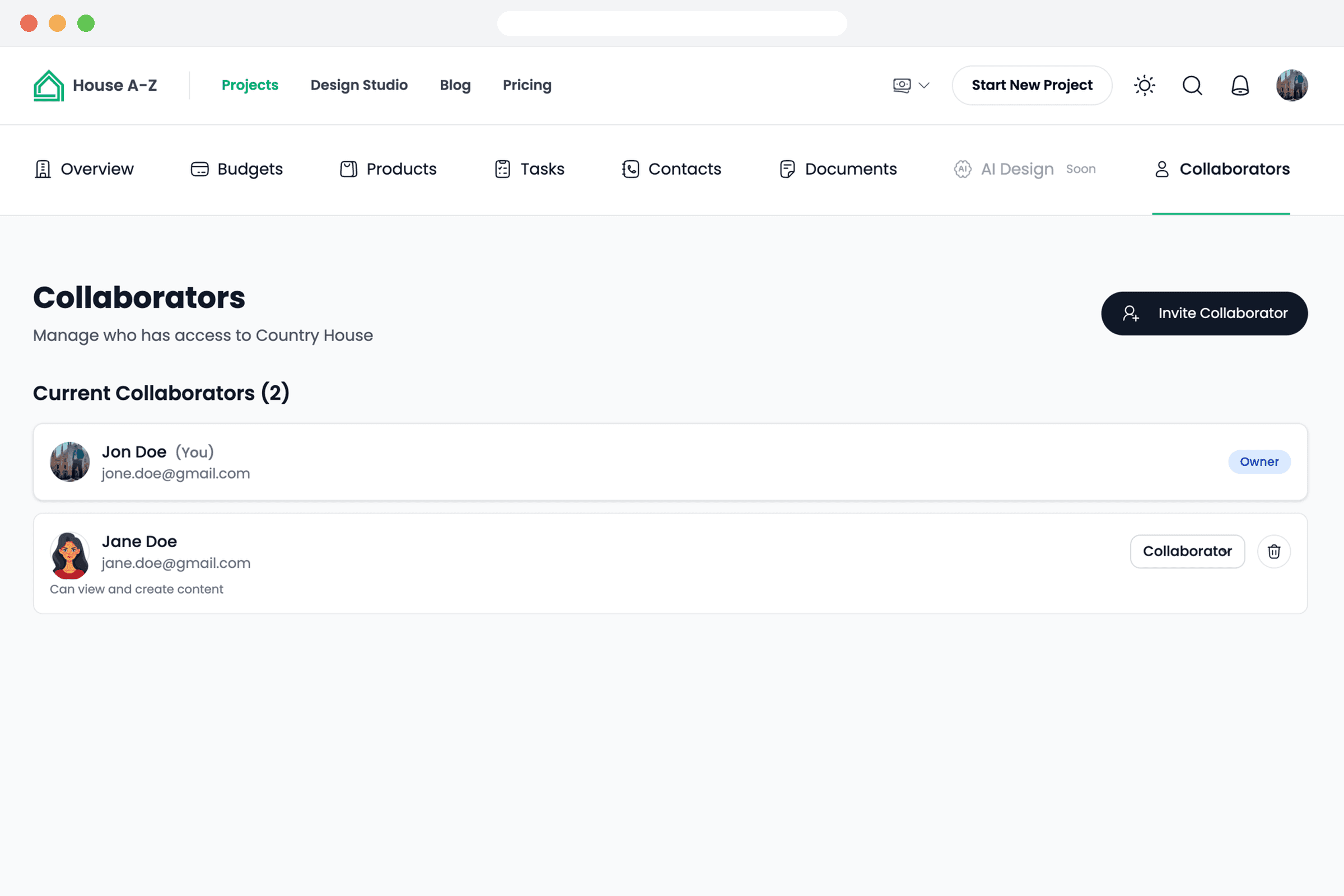 The Collaborators tab of a project, listing the owner and an invited collaborator