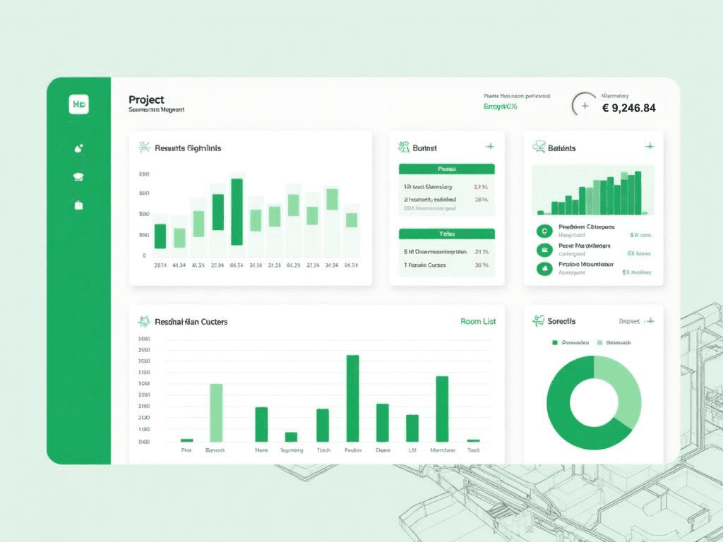 Dashboard showing project timeline, budget tracking, and room planner
