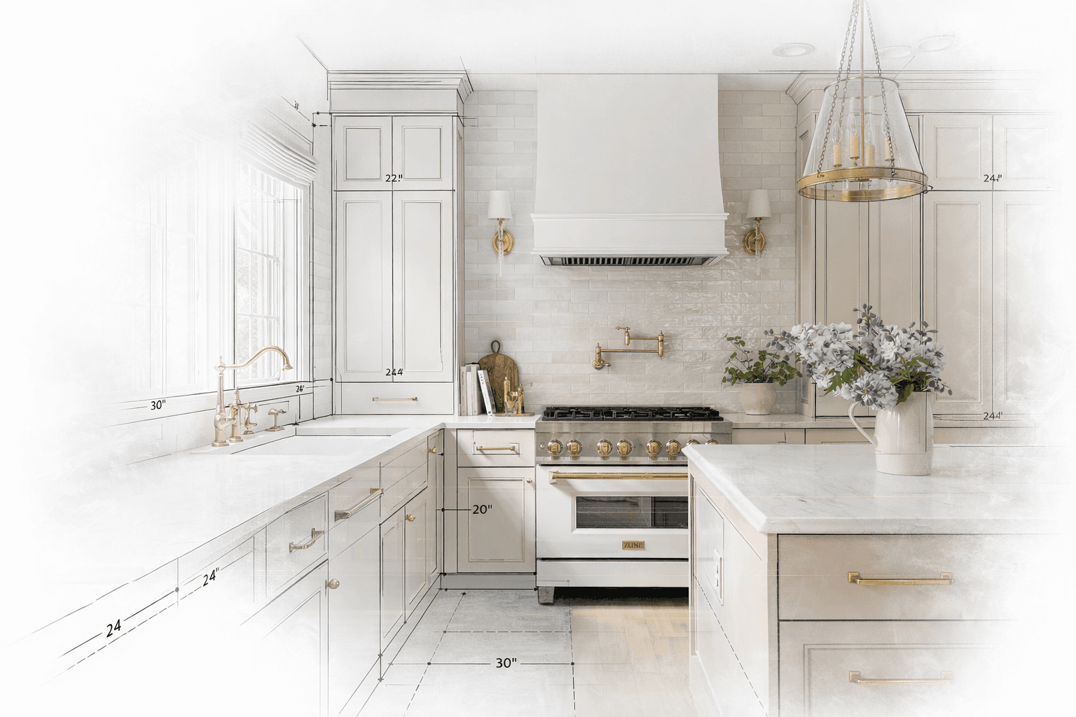A kitchen shown half as a photograph and half as a dimensioned blueprint