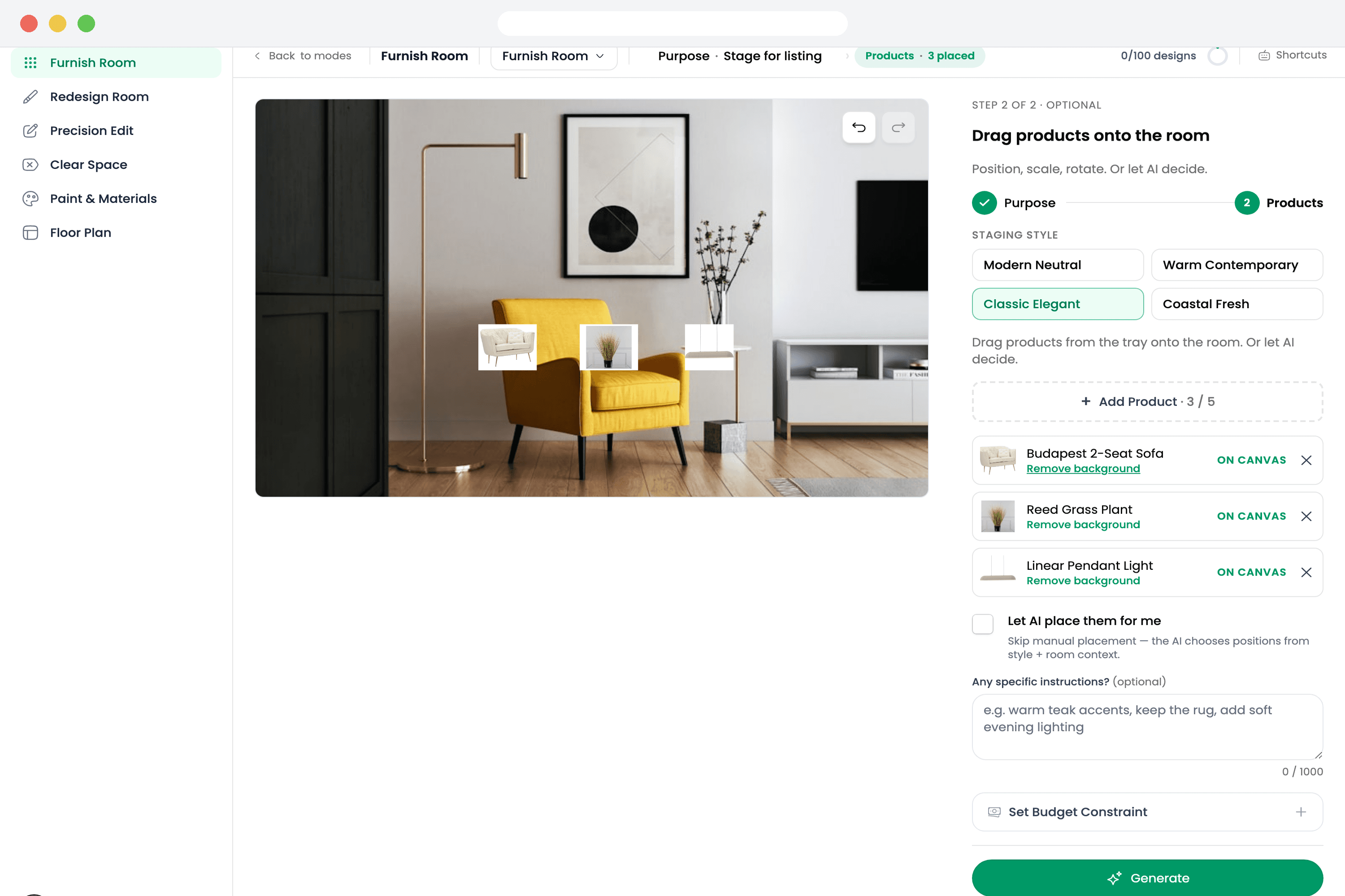 The Furnish Room editor with three saved products placed onto a photo of a living room